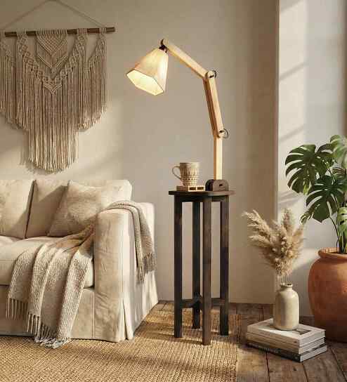 Centaur Wooden Shelf Floor Lamp with Jute Shade and Brown Base
