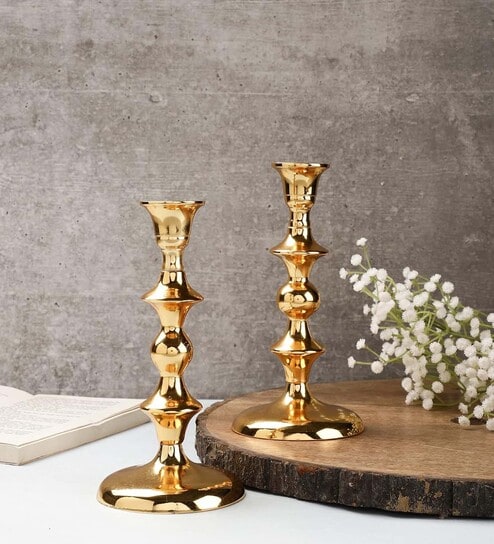 Centerpiece Set Of 2 Gold Aluminium Candle Holder