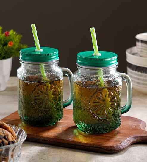 ceradeco Set of 2 Green  Coloured Mason Jar With Metal Lid & Straw 480 Ml Each