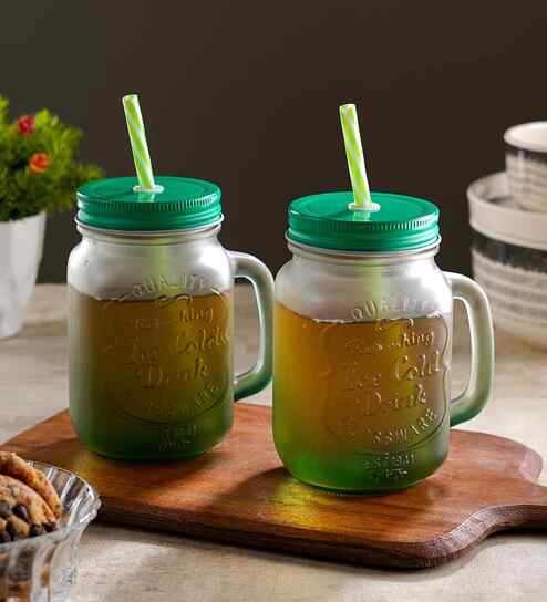 ceradeco Set of 2 Green Frosted Coloured Mason Jar With Metal Lid & Straw 480 Ml Each
