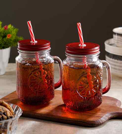 ceradeco Set of 2 Red Coloured Mason Jar With Metal Lid & Straw 480 Ml Each