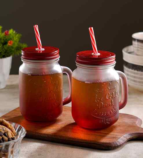 ceradeco Set of 2 Red Frosted Coloured Mason Jar With Metal Lid & Straw 480 Ml Each