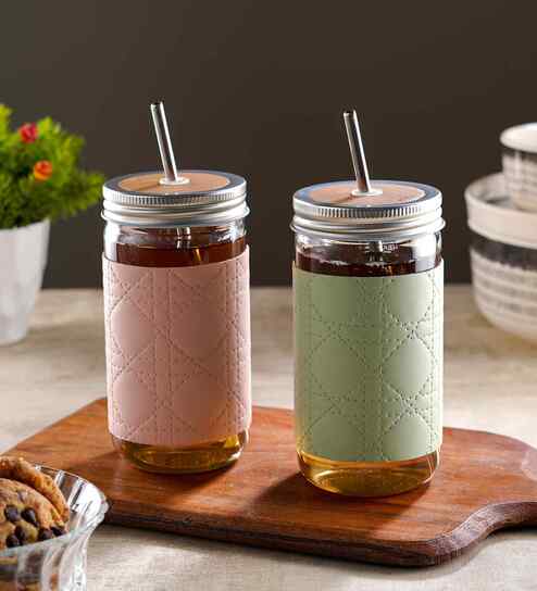 ceradeco Set Of 2 Water Glass With Straw And Lid