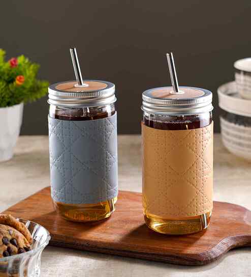 ceradeco Set Of 2 Water Glass With Straw And Lid