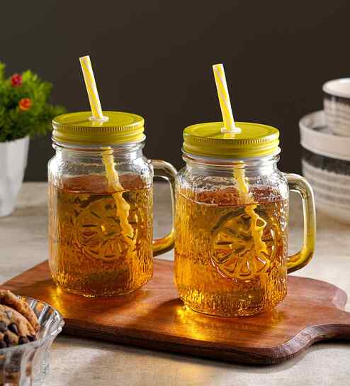 ceradeco Set of 2 Yellow Coloured Mason Jar With Metal Lid & Straw 480 Ml Each