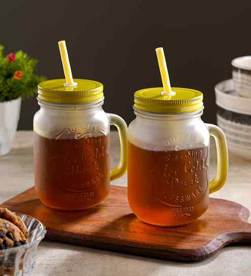 ceradeco Set of 2 Yellow Frosted Coloured Mason Jar With Metal Lid & Straw 480 Ml Each