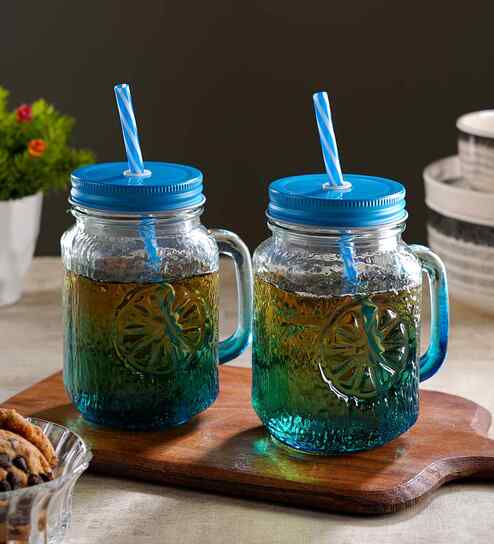 ceradeco Set of Blue  Coloured Mason Jar With Metal Lid & Straw 480 Ml Each