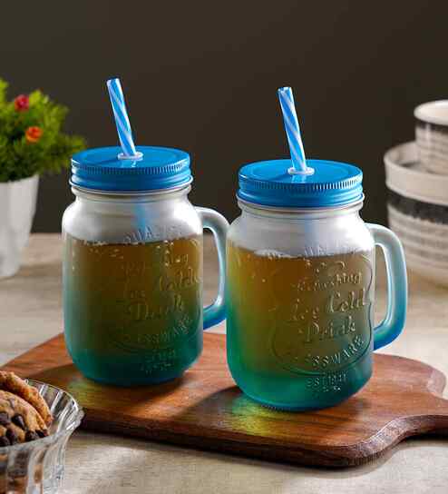 ceradeco Set of Blue Frosted Coloured Mason Jar With Metal Lid & Straw 480 Ml Each