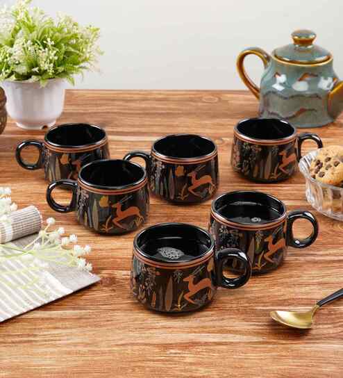 Set of 6 Ceramic Black Designed Tea Cups