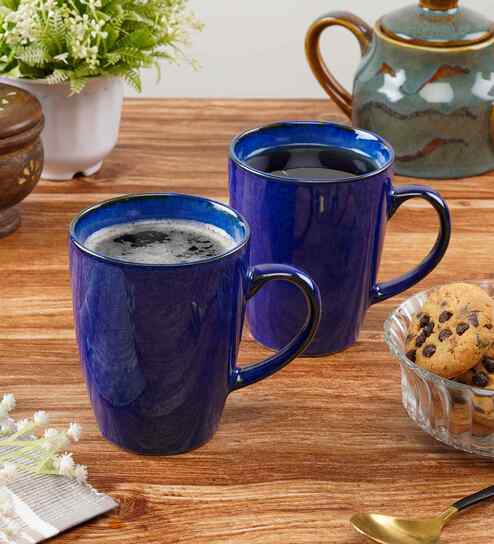 Set of 2 Ceramic Blue Textured Mugs