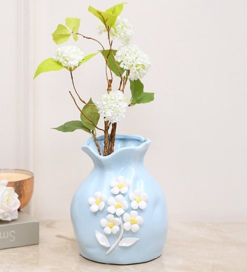 Buy Ceramic Blue Flower Vase By Aapno Rajasthan Online Table