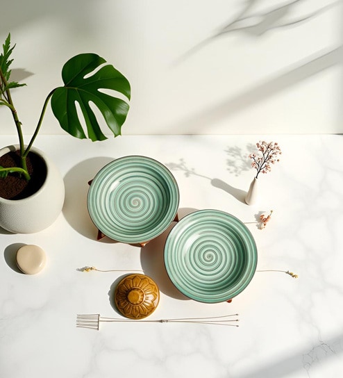 Ceramic Serving Designer Pasta Plates Set of 2 (Microwave and Dishwasher Safe), 7 Inch (Seagreen)