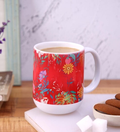 Ceramic Tea Capsule Mug With Red Floral Print