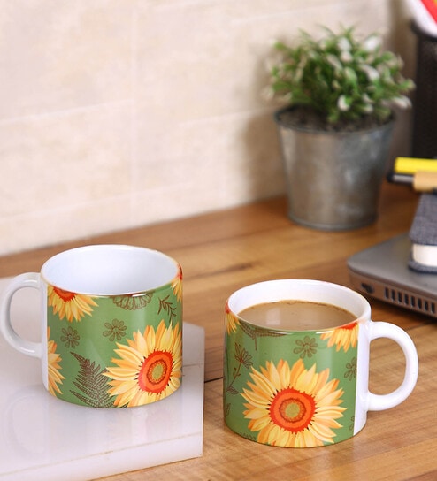 Set Of 2 Ceramic Tea Cup With Green & Yellow Sunflower Print