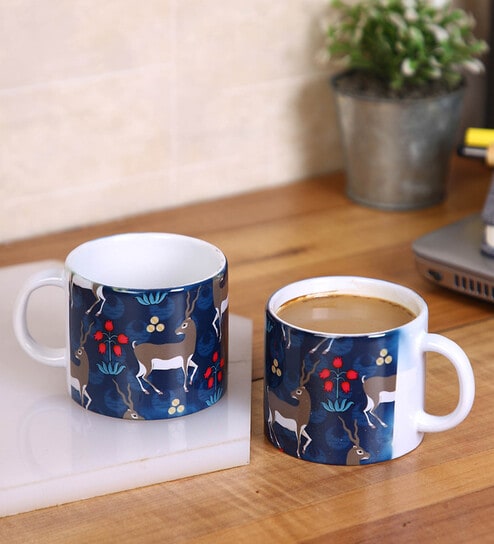 Set Of 2 Ceramic Tea Cup With Navy Blue & Grey Deer Print