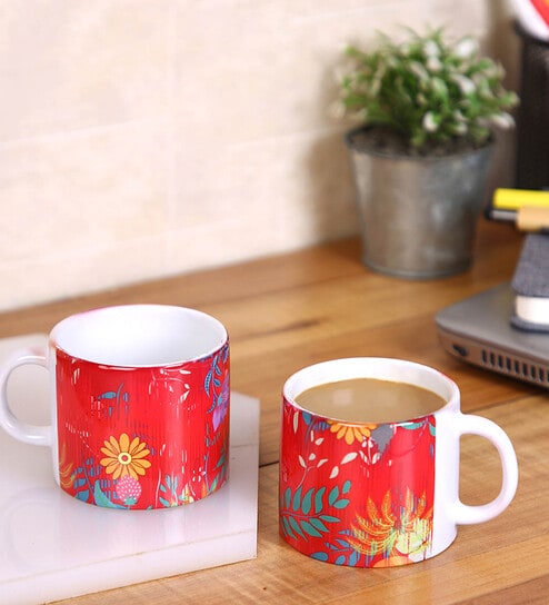 Set Of 2 Ceramic Tea Cup With Red Floral Print