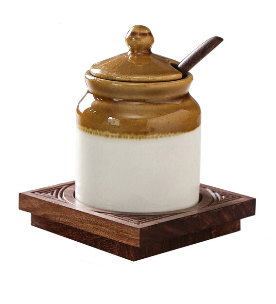 Buy 100 ML Ceramic Condiment Jar in Beige by Unravel India Online