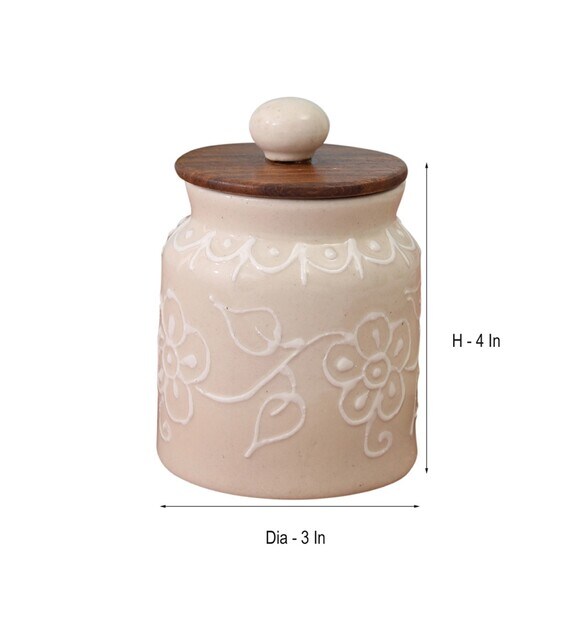 Buy 300 Ml Ceramic with Wooden Lid White Set of 2 Jars with Lids by