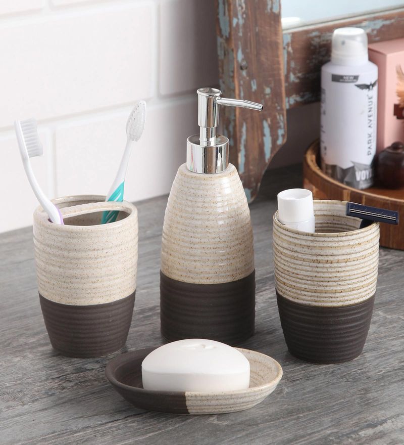 Buy Ceramic Counter Top Bathroom Accessories Set In Multicolour By