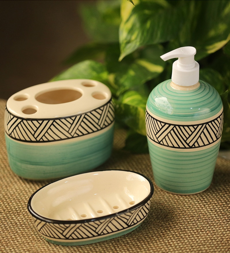 Buy Ceramic Hand Painted Sea Green Bathroom Accessories In Set Of 3 By Exclusivelane Online Accessory Sets Accessory Sets Discontinued Pepperfry Product