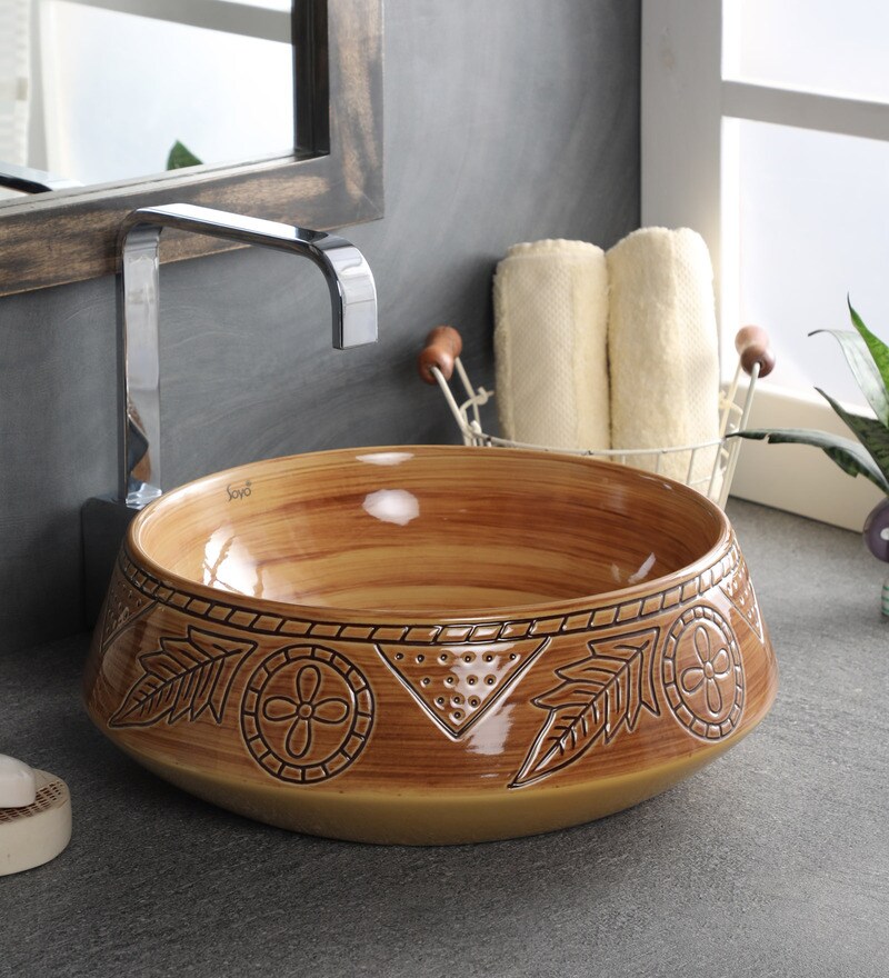 Buy Ceramic Round Shape Wood Counter Top Wash Basin (H 6 , W 16 , D