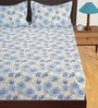 Off White & Blue Floral 300 TC Cotton Double Size Bedsheet With 2 Pillow Covers Celebrations Collection