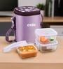 CELLO Trendy Purple Wine Square Glass Lunch Box Set with Jacket