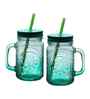 ceradeco Set of 2 Green  Coloured Mason Jar With Metal Lid & Straw 480 Ml Each