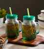 ceradeco Set of 2 Green  Coloured Mason Jar With Metal Lid & Straw 480 Ml Each