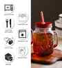 ceradeco Set of 2 Red Coloured Mason Jar With Metal Lid & Straw 480 Ml Each