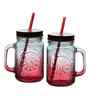 ceradeco Set of 2 Red Coloured Mason Jar With Metal Lid & Straw 480 Ml Each