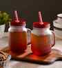 ceradeco Set of 2 Red Frosted Coloured Mason Jar With Metal Lid & Straw 480 Ml Each