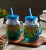 ceradeco Set of Blue  Coloured Mason Jar With Metal Lid & Straw 480 Ml Each