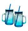 ceradeco Set of Blue  Coloured Mason Jar With Metal Lid & Straw 480 Ml Each