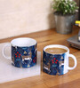 Set Of 2 Ceramic Tea Cup With Navy Blue & Grey Deer Print