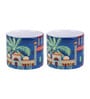 Set Of 2 Ceramic Tea Cup With Navy Blue & House Print