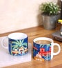 Set Of 2 Ceramic Tea Cup With Navy Blue & House Print