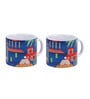 Set Of 2 Ceramic Tea Cup With Navy Blue & House Print