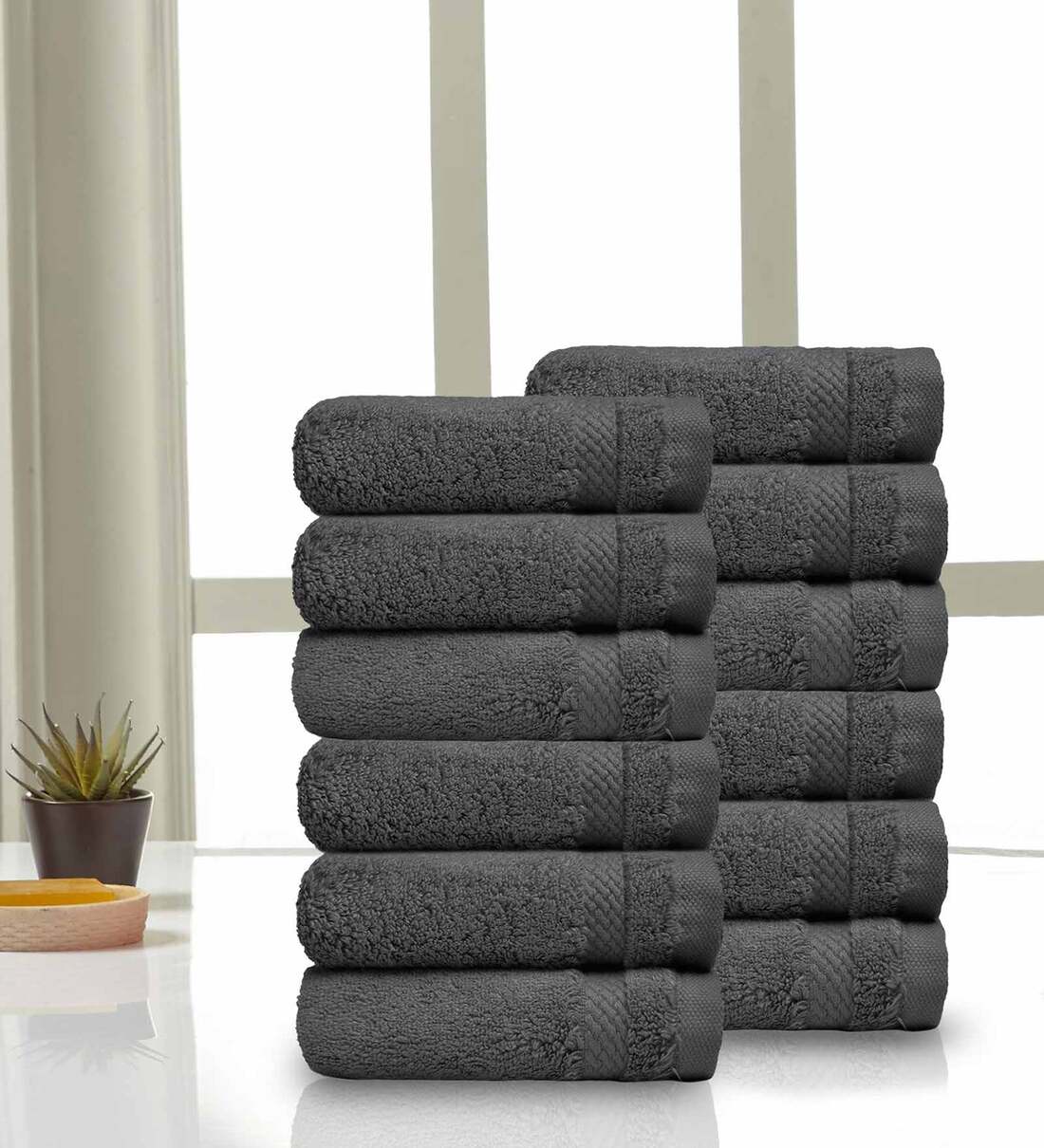 Buy Charcoal 625 GSM 100 Cotton Face Towel (Set of 12) by Trident