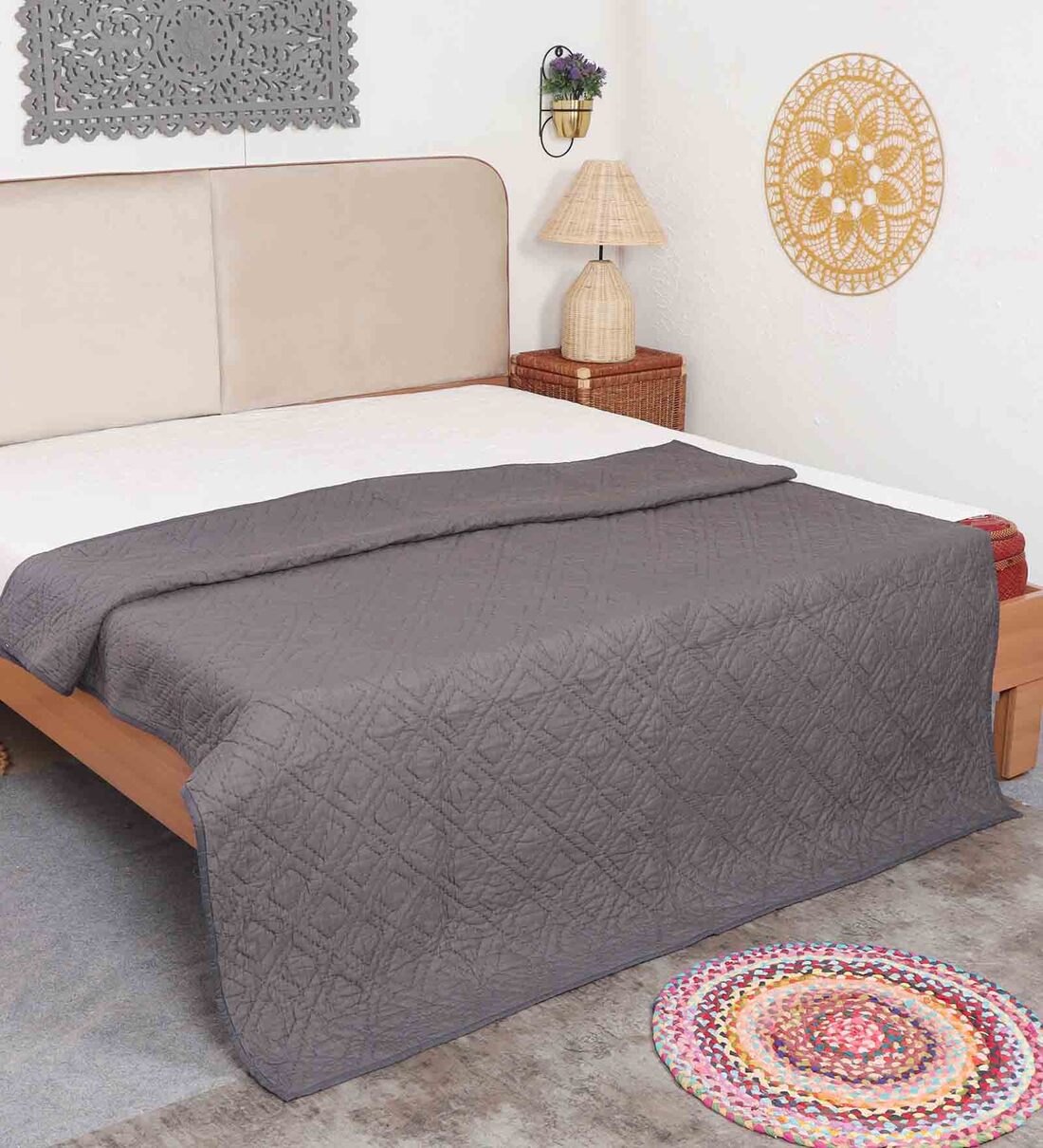 Buy Charcoal Cotton Geometric 350 GSM Double Bed Quilt with 2 Pillow