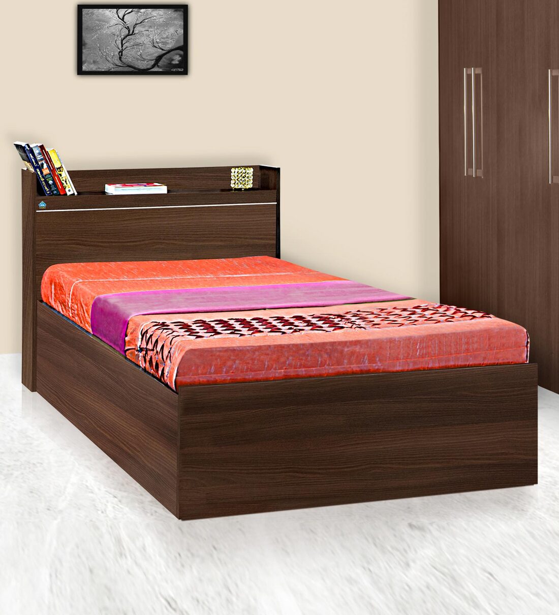 Buy Cherry Single Bed in Acacia Dark Finish with Box Storage at 100