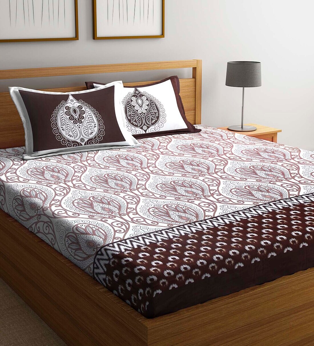 Buy Brown Traditional 400 TC Cotton King Sized Bed Sheets with 2 Pillow