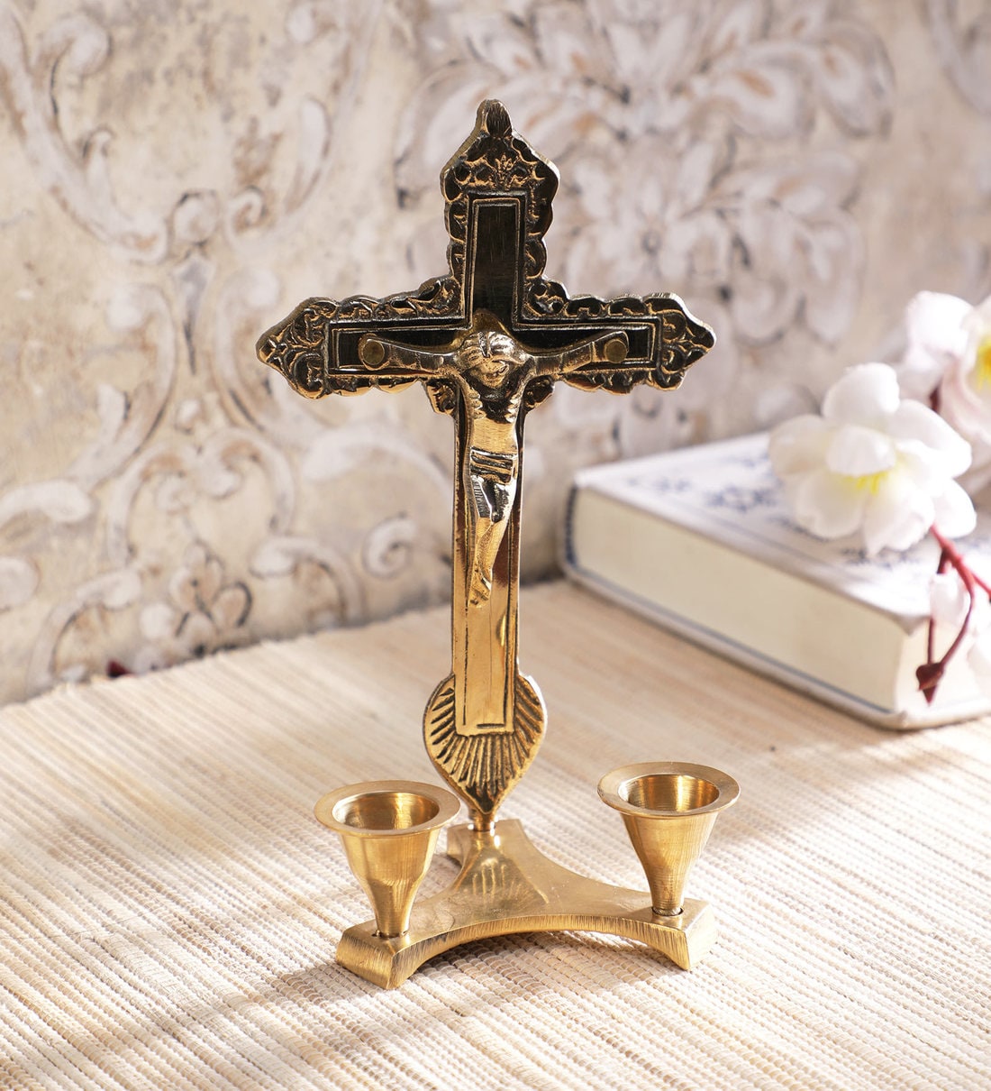 Buy ONVAY Christian Lord Jesus Cross Sign Brass Statue with Candle