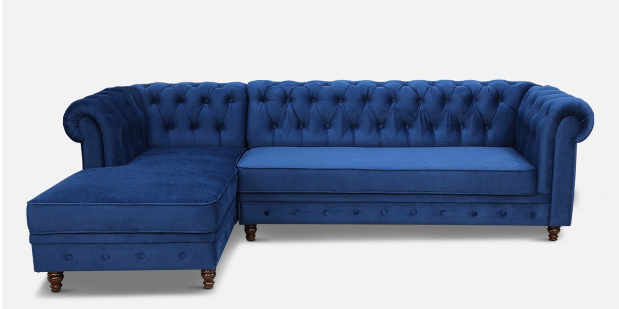 Buy Cheshire Velvet RHS Sectional Sofa (3 + Lounger) in Royal Blue Colour Online Chesterfield