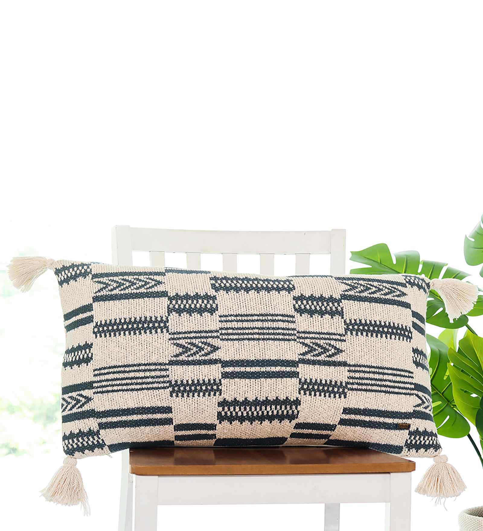 Champion Blue & Natural 100% Cotton Tribal 16X24 Inches Knitted Cushion Cover