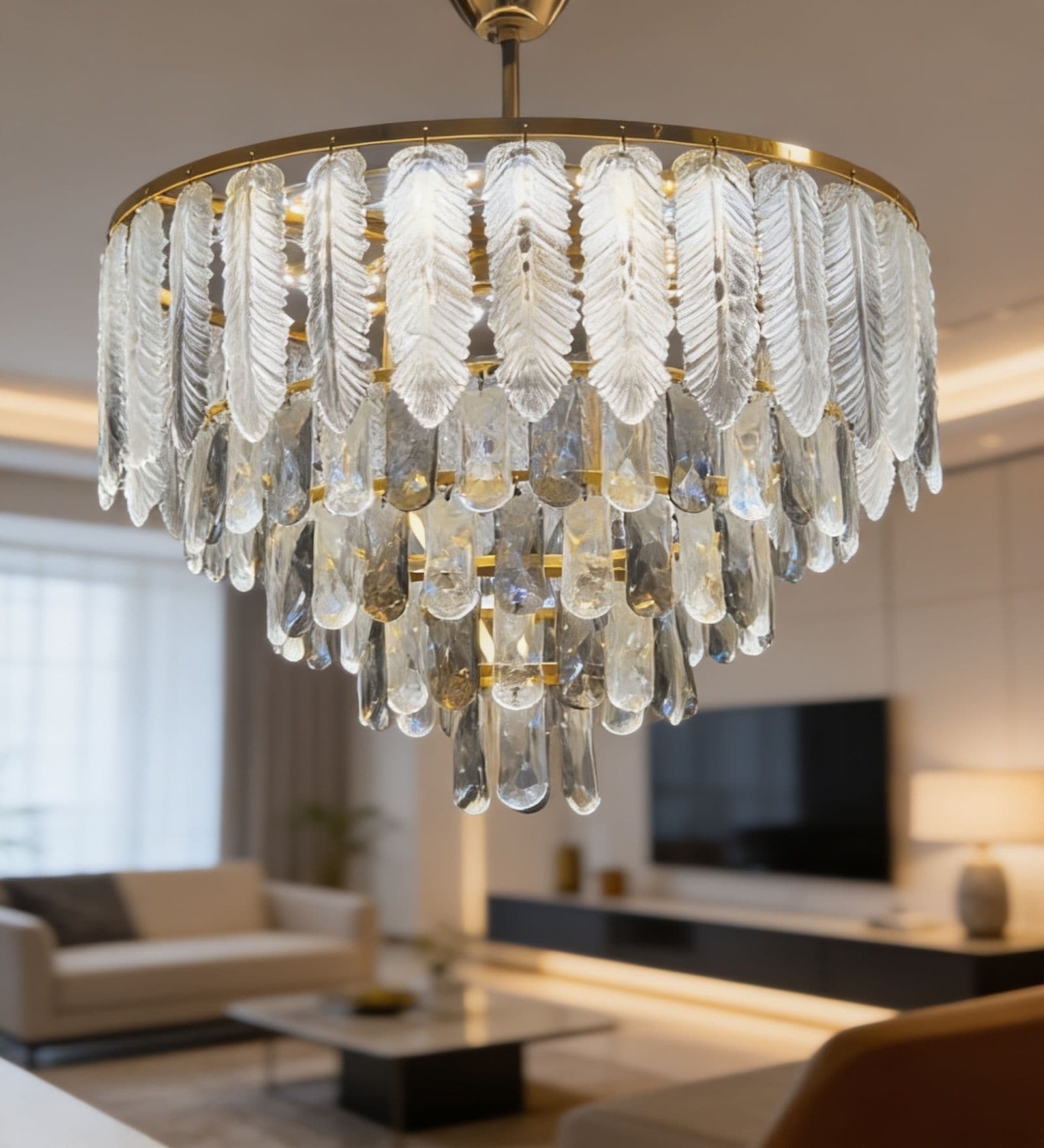  Chandelier Lighting Fixture, Ceiling Hanging Light for Dining Room Bedroom Living Room Entryway (500MM Diameter) (Feather Smoke Black)