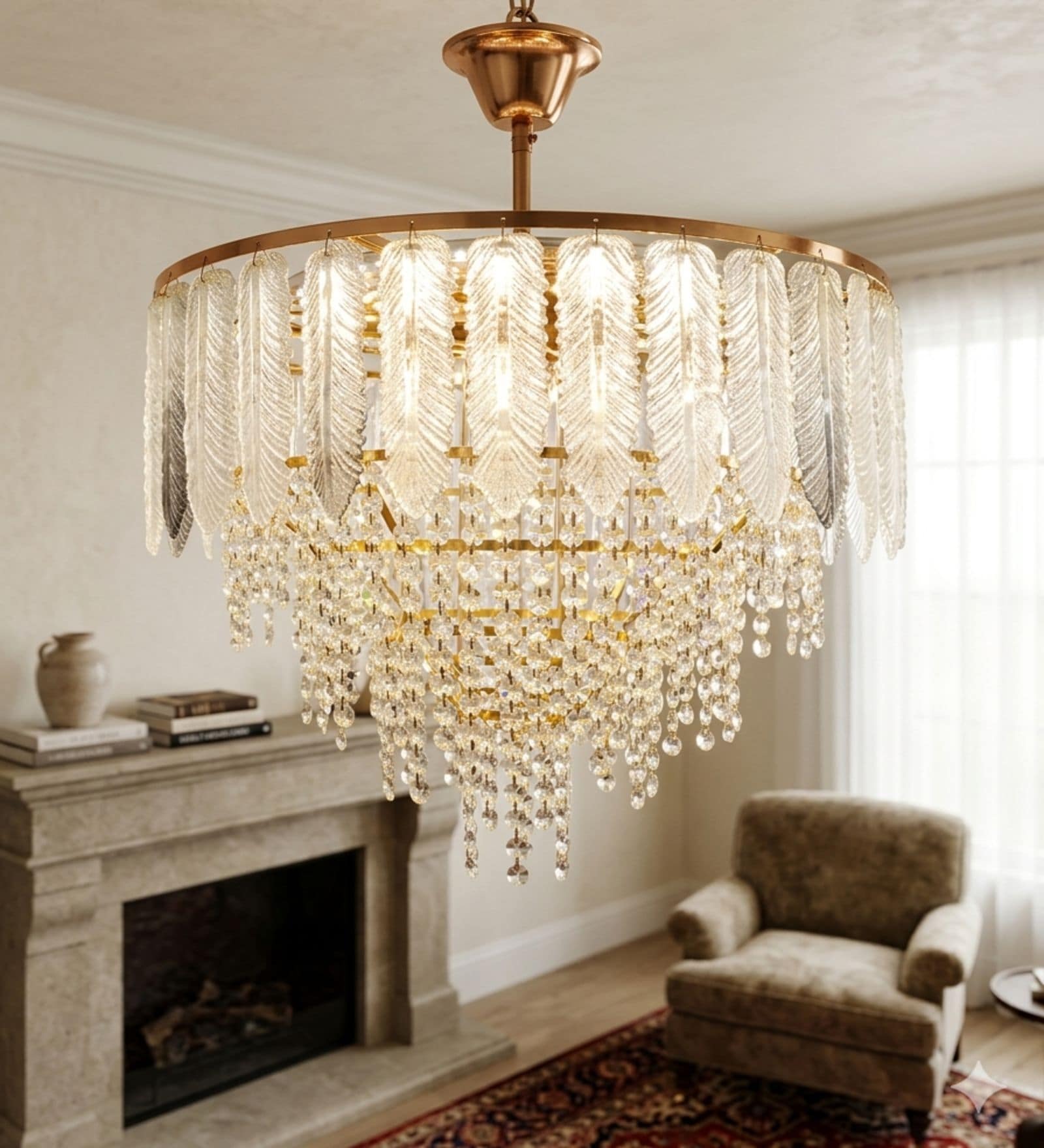  Chandelier Lighting Fixture, Ceiling Hanging Light for Dining Room Bedroom Living Room Entryway (500MM Diameter) (Feather Smoke Black Beaded)