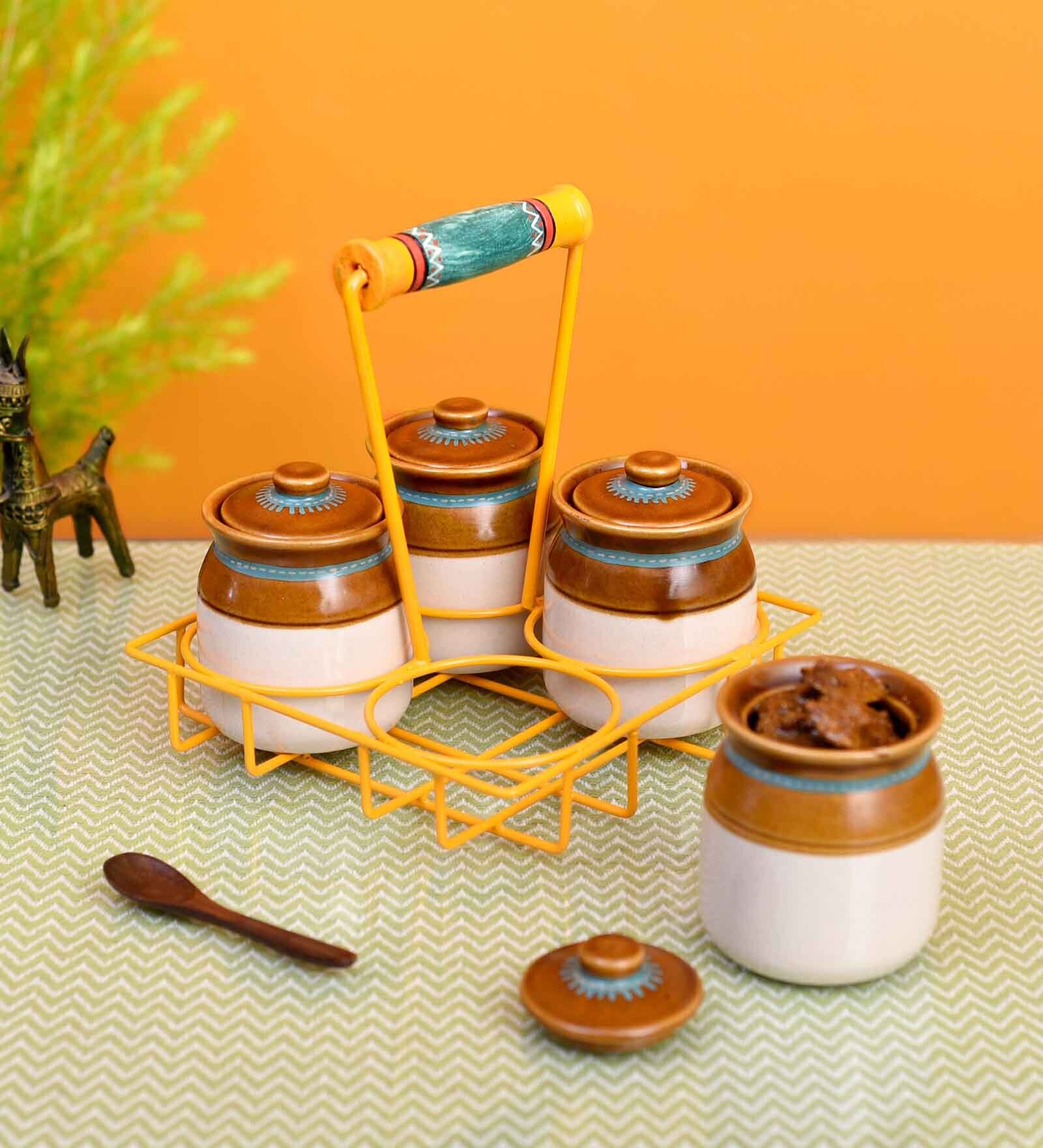 Handpainted Yellow Ceramic, Wood & Metal 4 Pcs Barni With Metal Stand