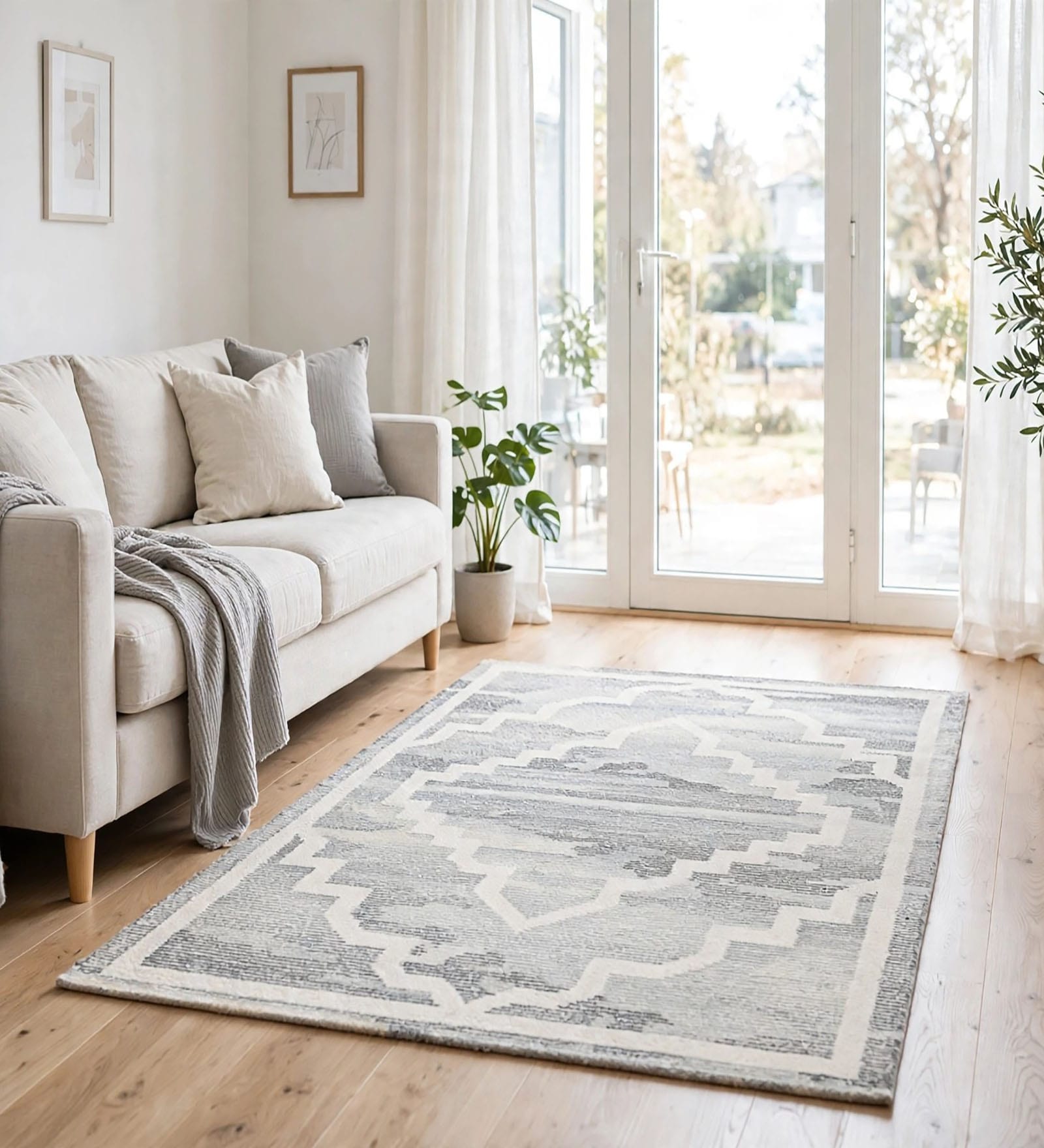 Grey Geometric Wool And Cotton 5 X 8 Ft Hand Tufted Carpet