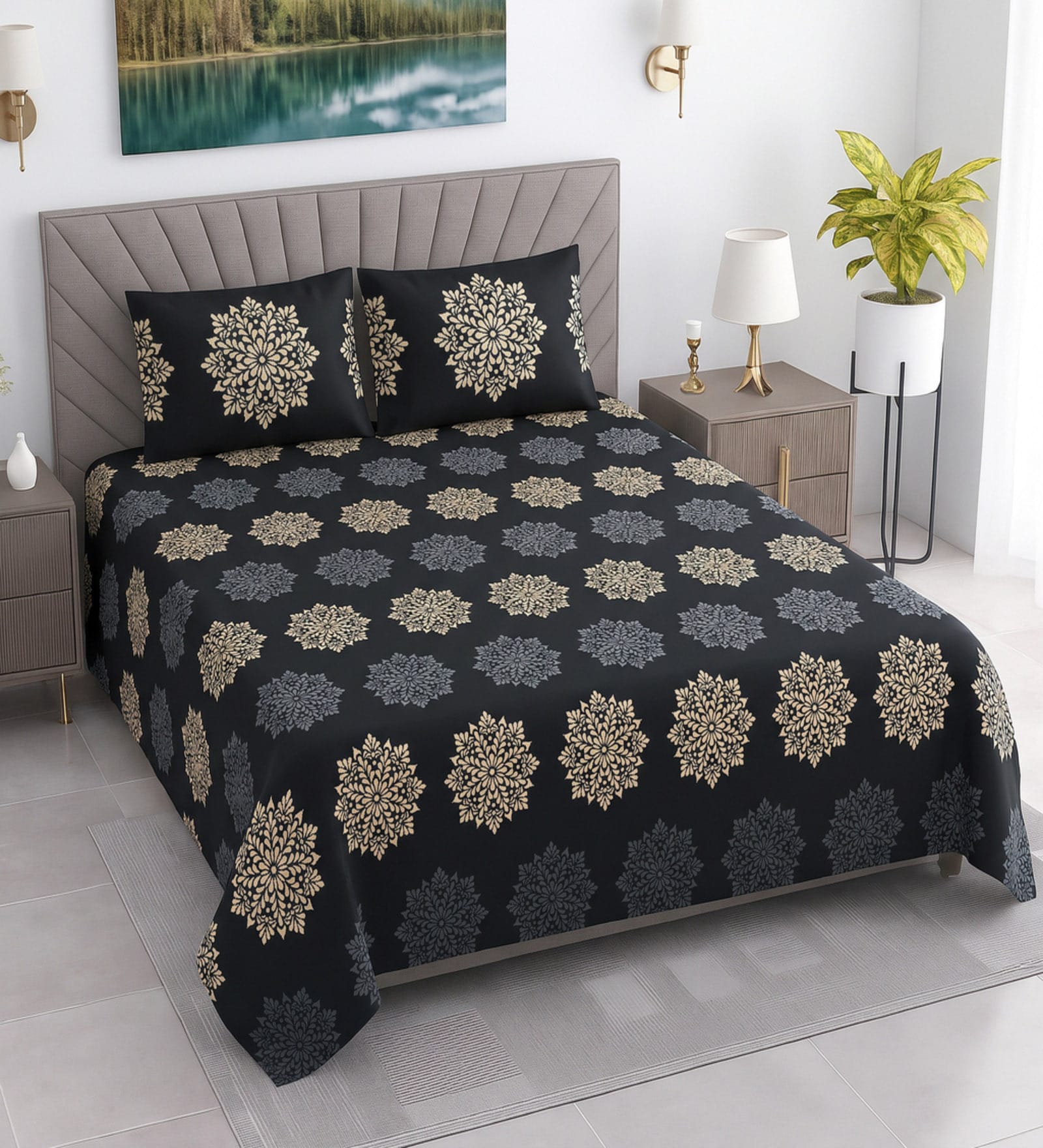 Charcoal Floral 400 TC Cotton Queen Bedsheet with 2 Pillow covers Luxury Series Collection